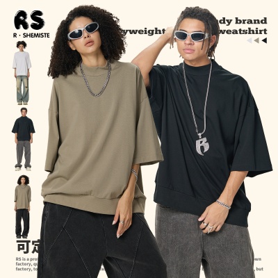 RS男装|2025新款305G重磅小高领男士短袖落肩Boxy螺纹下摆短袖t恤