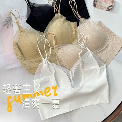 蕾丝小胸美背内衣一体吊带女士春夏短款小胸聚拢内衣胸垫打底背心
