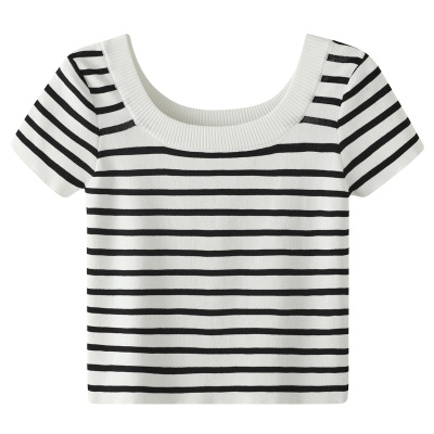 黑白条纹正肩短袖T恤女夏季薄款法式高级感针织衫小个子上衣女装