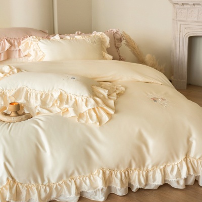 法式公主风贡缎全棉长绒棉四件套花边奶油风纯棉被套床单床上用品