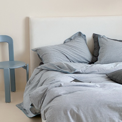 ins风密拷边全棉水洗棉条纹四件套纯棉被套床单亲肤裸睡床上用品