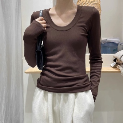 黑色打底衫女长袖2023早秋新款大圆领休闲t恤高级感螺纹上衣内搭