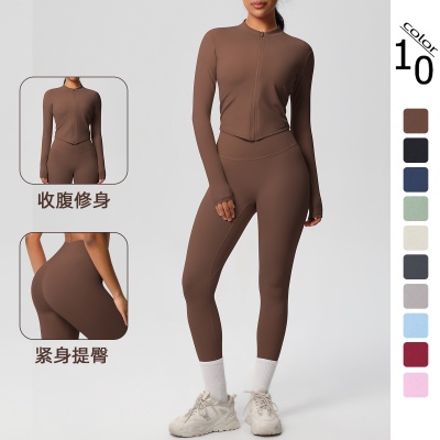 现货跨境双面磨毛紧身透气纯色训练瑜伽服八件套运动跑步健身服女