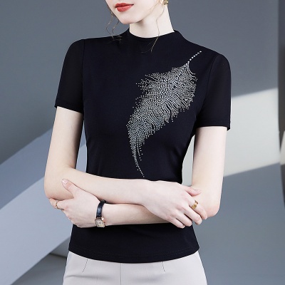 时尚网纱烫钻短袖T恤女夏季新款洋气纱衣小衫纯色百搭女士上衣
