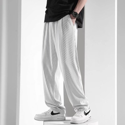 夏季薄款冰丝裤男款宽松大码垂感空调运动休闲裤子潮流阔腿裤代发