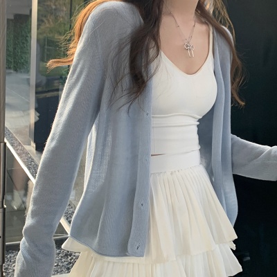 红色冰丝防晒针织开衫女夏天轻薄款小披肩外搭配吊带薄纱外套上衣