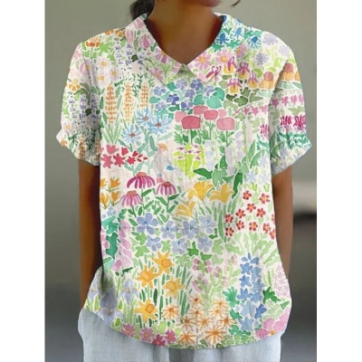 跨境外贸2024夏季女装新款亚马逊宽松印花圆领休闲大码套头女装T