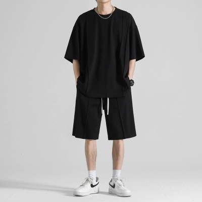 冰丝短袖T恤休闲套装男士夏季2024新款纯色运动速干情侣装两件套