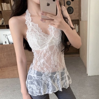 叠穿神器春秋新款性感辣妹风蕾丝花边挂脖吊带内搭打底衫镂空上衣