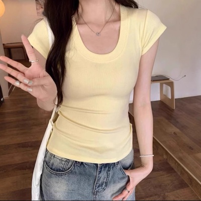 亿涵梦小众U领针织衫正肩短袖t恤女夏设计感修身显瘦短款打底上衣