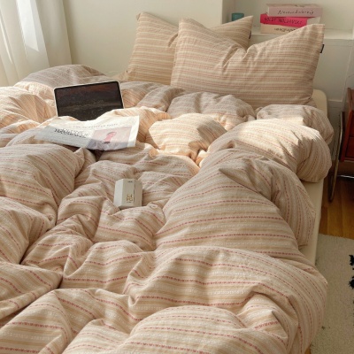 春秋条纹全棉四件套色织提花水洗纯棉被套床单宿舍三件套床上用品