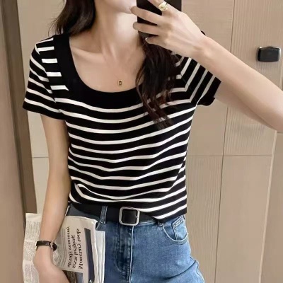 黑白条纹正肩短袖T恤女夏季薄款法式高级感针织衫小个子上衣女装