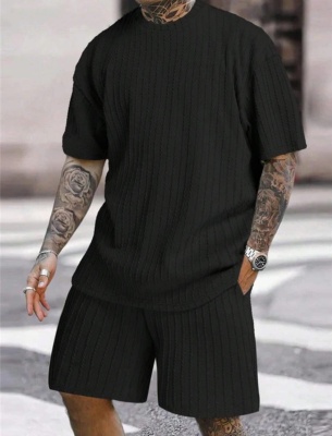 2024亚马逊爆款男款运动套装纯色圆领套头竖纹T恤短裤两件套套装