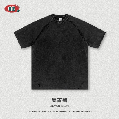 BE男装|2025夏季美式街头复古插肩短袖T恤卷边短裤休闲两件套男潮