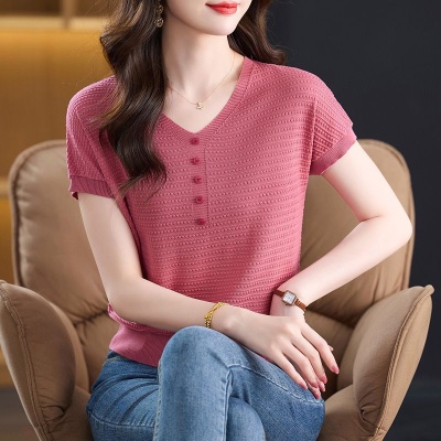 鸿3570夏季新款大码短袖外穿冰丝针织衫夏装上衣洋气宽松薄款T恤