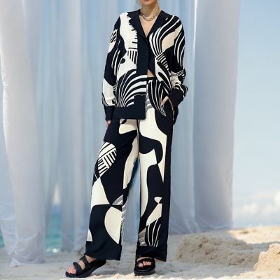 2025亚马逊欧美女装个性涂鸦休闲衬衫女翻领长袖时尚套装女俩件套