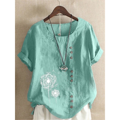 欧美外贸女装亚马逊纽扣短袖印花休闲街头装 圆领常规棉麻上衣T恤