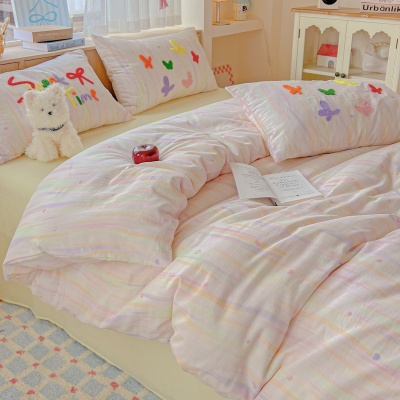 奶油风A类全棉双层纱四件套纯棉被套毛巾绣100床单床笠少女心床品