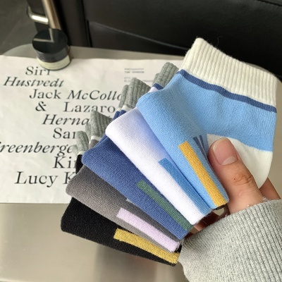 诸暨袜子男士春秋运动款中筒袜吸汗透气拼色条纹袜秋冬季男袜批发