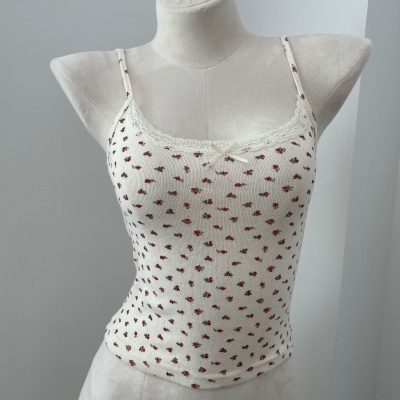 BM夏季纯欲性感碎花蕾丝蝴蝶结吊带背心女时尚修身显瘦内搭上衣