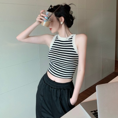 2023新款吊带背心 辣妹撞色条纹无袖t恤女内搭又纯又欲打底女上衣