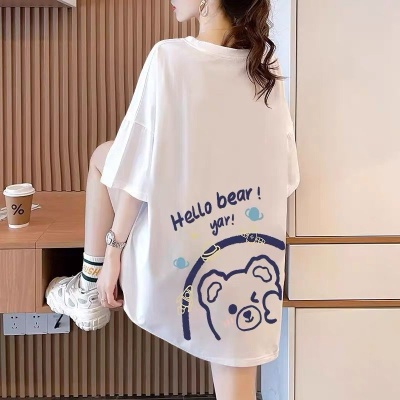 单/两件300字母印花短袖t恤女装夏季宽松中长款韩版大码半袖上衣