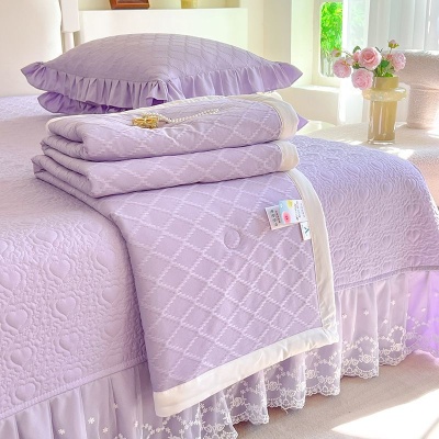 A类母婴级夏凉被夹棉床盖四件套可机洗三件套蕾丝花边空调薄被子