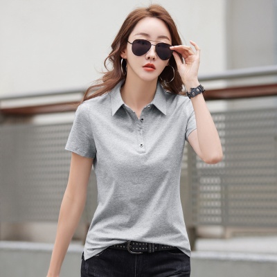 夏季2025新款翻领短袖T恤女装纯棉韩版宽松纽扣Polo衫紫色外货源