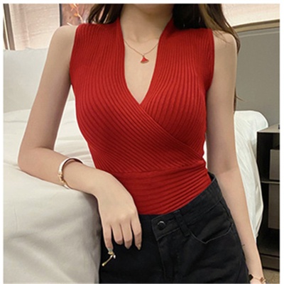 无袖打底背心女2024夏季性感低胸交叉深V领弹力紧身针织衫T恤上衣