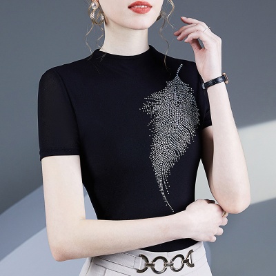 时尚网纱烫钻短袖T恤女夏季新款洋气纱衣小衫纯色百搭女士上衣