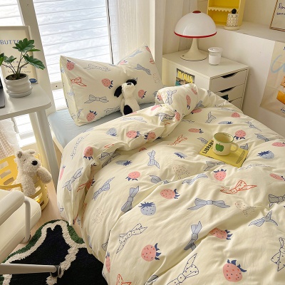 A类水洗棉印花四件套ins风学生宿舍小清新三件套床单床笠款单被套