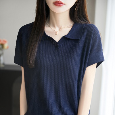 莱赛尔天丝POLO领短袖女宽松休闲t恤衫半袖透气薄款法式女装上衣