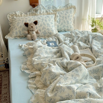 新款复古风双层纱水洗棉夏被四件套床单床笠款床品花边空调被薄被