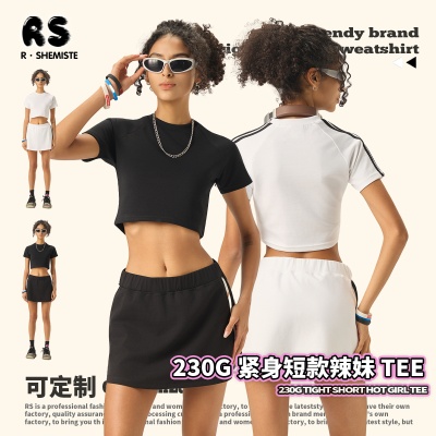 RS女装|跨境潮牌撞色女款短袖TEE辣妹短款t恤230G复古美式女士t恤