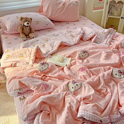 【店铺热销】夏季ins卡通KT猫毛巾绣夏凉被四件套a类空调被裸睡轻