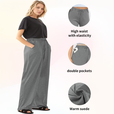 跨境欧美大码阔腿休闲裤慕斯暖绒带口袋女200斤宽松抽绳阔腿长裤