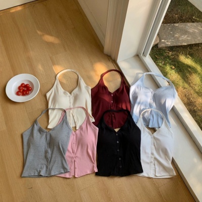 8120#开春新款V领挂脖带胸垫背心纽扣设计百搭性感内搭外穿上衣女