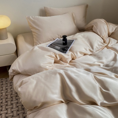 夏季冰丝床上四件套夏天丝滑被套裸睡床单水洗纯色宿舍三件套床品