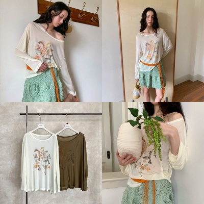 UNITY MODE天丝莱赛尔长袖针织透明防晒罩衫夏印花休闲上衣250698