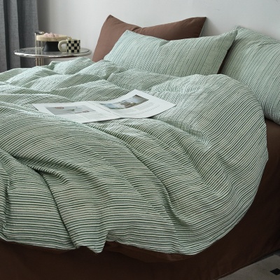 高级感北欧侘寂风全棉水洗四件套提花条纹纯棉被套床单笠床上用品