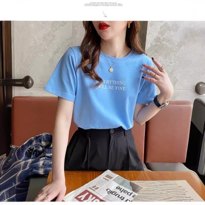 短袖T恤女装夏季2023年新款打底圆领上衣服印花宽松印花体恤T恤女