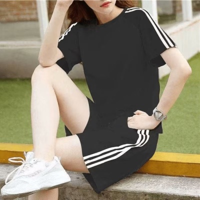 潮仑布夏季两件套宽松休闲短袖T恤短裤ins三道杠跑步舒适运动套装