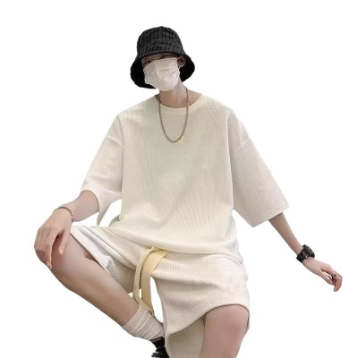 华夫格夏季套装男士潮牌宽松休闲运动短袖短裤青少年男装一套搭配