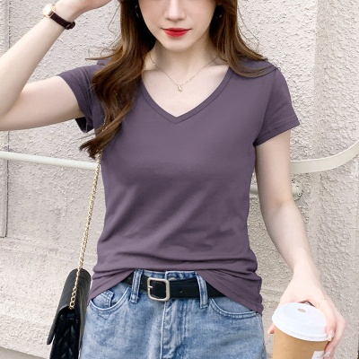 批发修身短袖t恤女v领黑色上衣女鸡心领夏季2024年新款设计感夏装