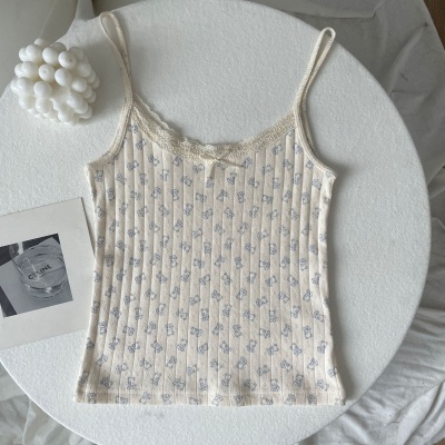 BM夏季纯欲性感碎花蕾丝蝴蝶结吊带背心女时尚修身显瘦内搭上衣