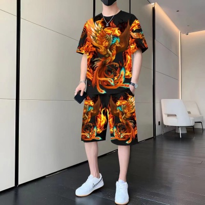 休闲运动套装男士短袖T恤短裤沙滩装潮流青年中国龙图案两件套夏