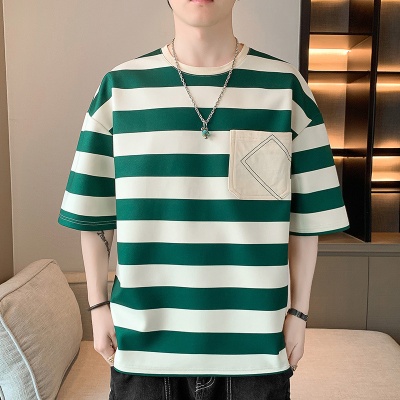 夏季新款男士短袖T恤男港风潮牌宽松圆领五分袖isn百搭半袖上衣潮