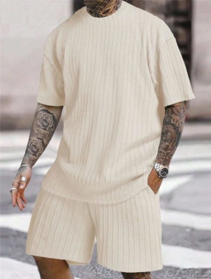 2024亚马逊爆款男款运动套装纯色圆领套头竖纹T恤短裤两件套套装