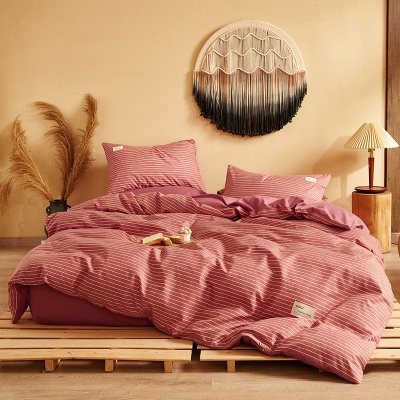 春夏季加厚磨毛纯棉纯色床笠款四件套日式无印格子条纹全棉三件套