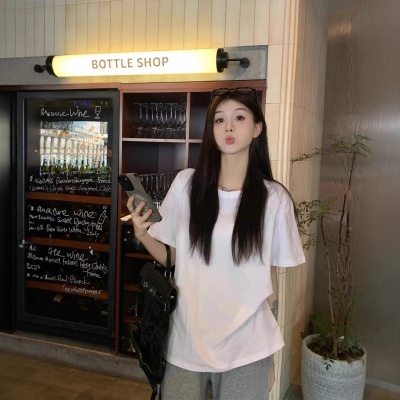 简约白色休闲基础款短袖T恤女装早春慵懒风圆领宽松显瘦套头上衣